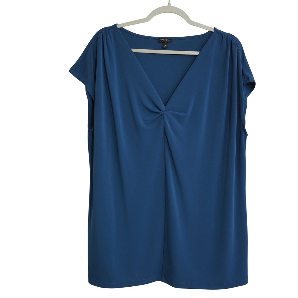 Talbots Size 1X Teal Blue V-Neck Twist Front Short Sleeve Blouse Top Slinky